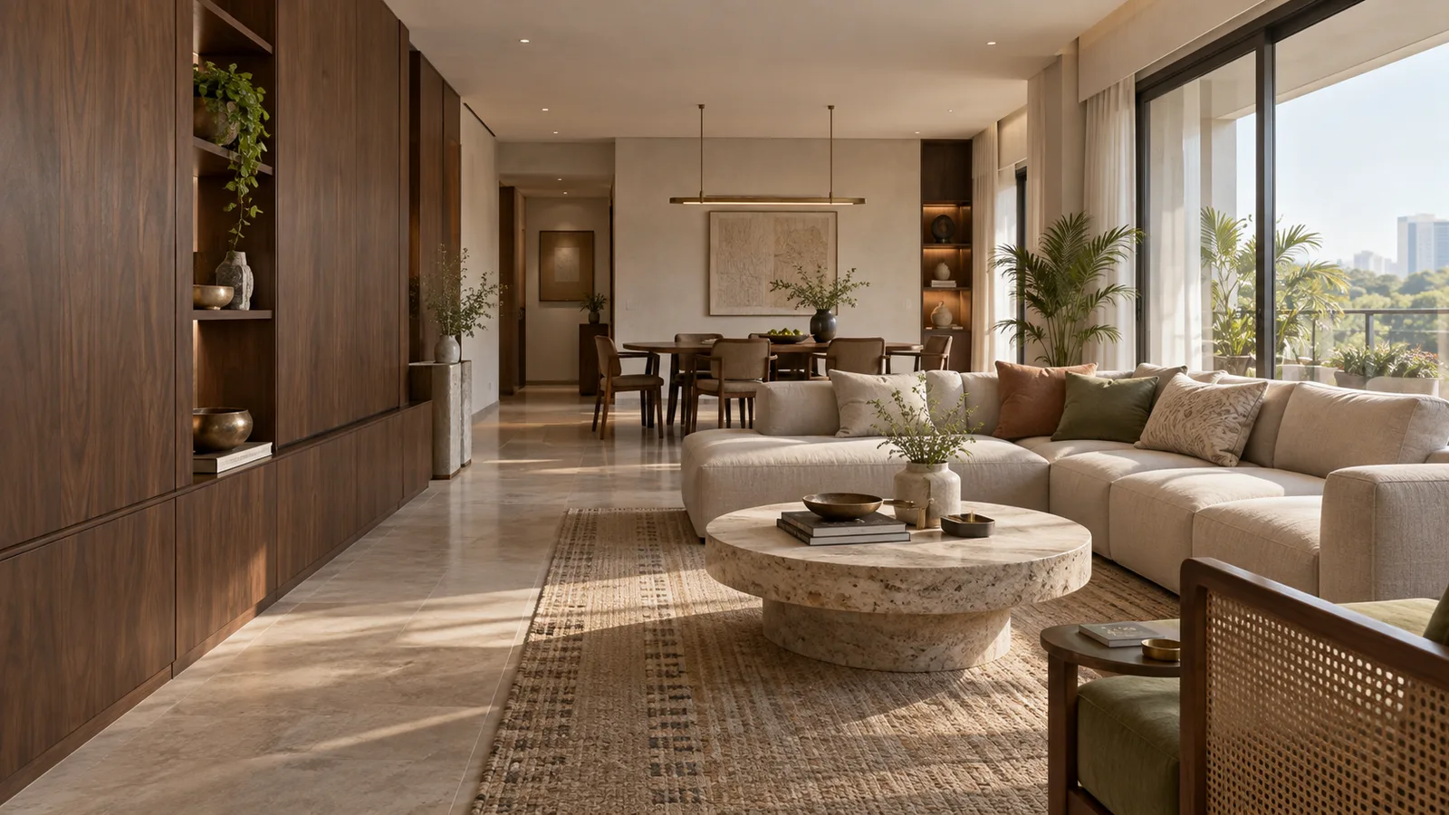 Interior design concept: a warm apartment living room with walnut joinery and natural stone finishes