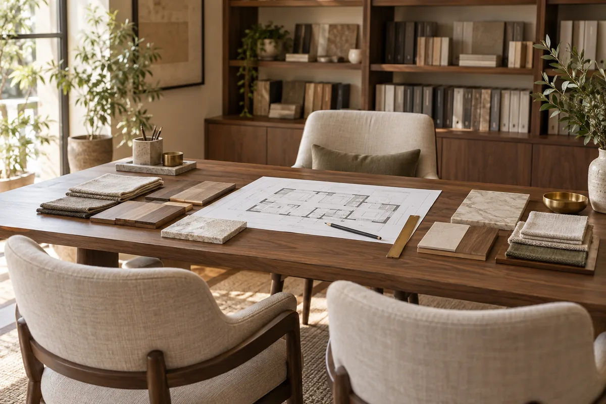 Illustrative consultation setting with apartment plans, wood finishes, stone and fabric samples