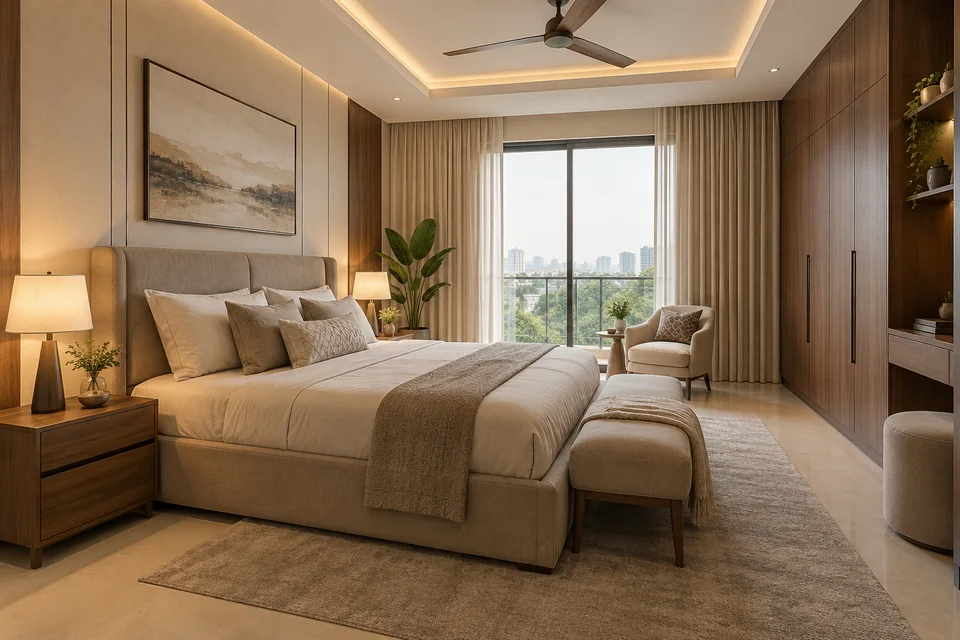 Bedroom interior concept with warm layered lighting, linen bedding, and bespoke wood storage
