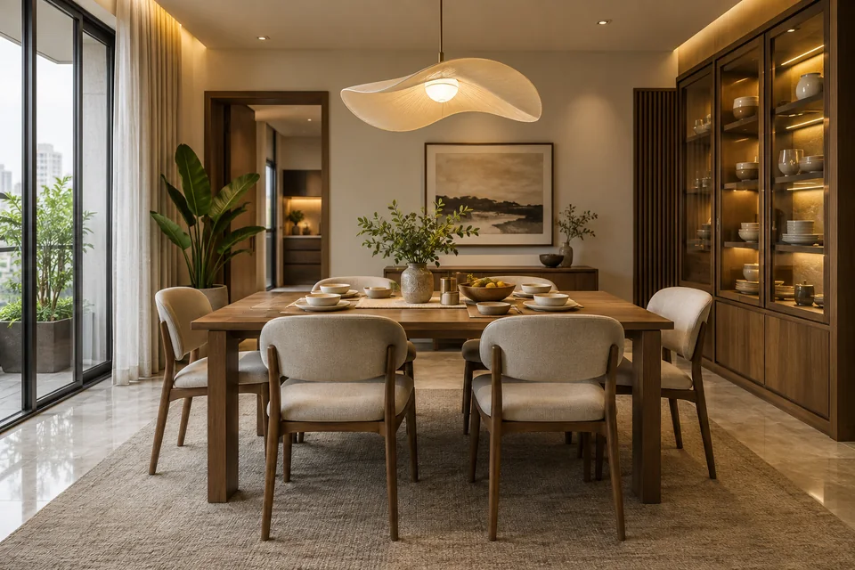 Dining room design concept with sculptural lighting, upholstered chairs, and walnut cabinetry